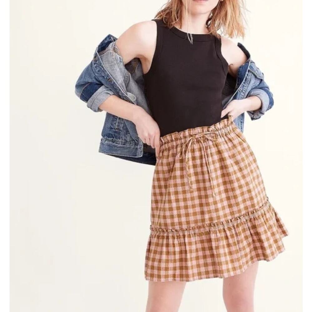 Madewell Pull-On Ruffle Tiered Mini Skirt in Gingham Seersucker sz XS